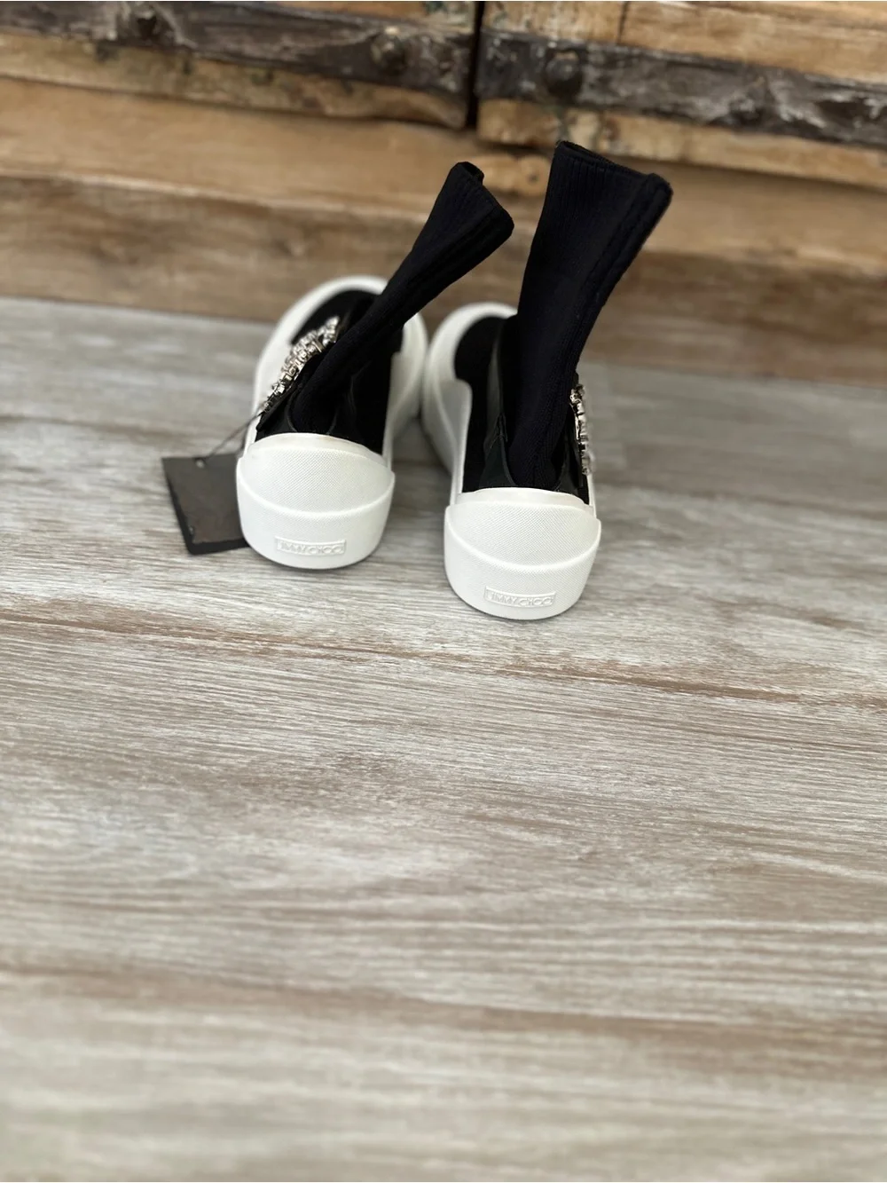 Jimmy Choo Black Sock-Style Platform Sneakers with Crystal Buckle Accent